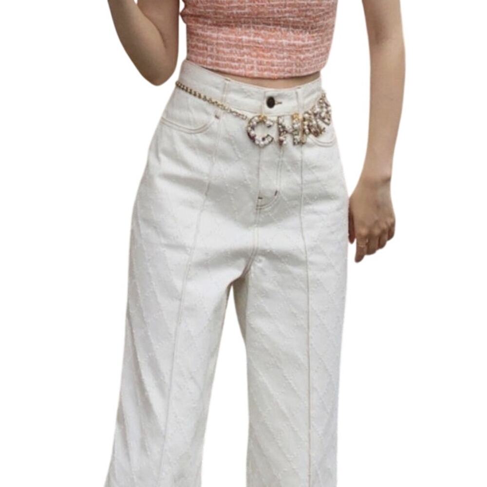 SEO Seooocookie White Checked Jeans Small Wide Straight Leg Neutral Minimalist